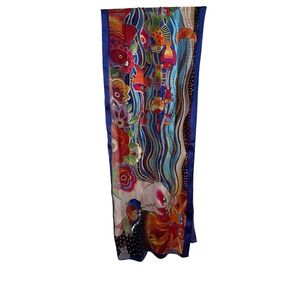 Laurel Burch Silk Scarf Beaded Fish Colorful Pop Art Wearable Wrap Designer